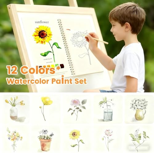 Image of Watercolor Workbook, Water Coloring Book, 12 Different Patterns of Original DIY Designs, 12 Colors Watercolor Paint Set with Palette and Brush, Beginner-Friendly Watercolor Workbooks(Flower-A)