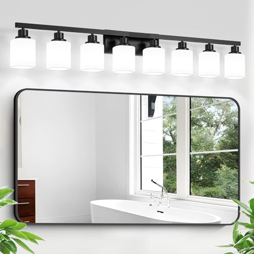 Image of 8 Light Bathroom Vanity Light,Modern Matte Black Bathroom Light Fixtures Over Mirror with Square Frosted Glass,Wall Sconces for Restroom,Living Room Hallway E26