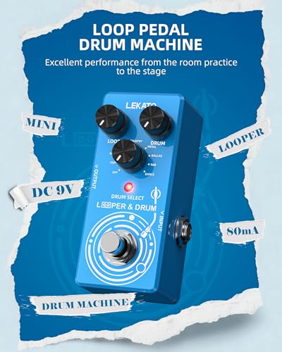 Image of LEKATO Looper Guitar Pedal Drum Machine, 2 in 1 Drum Looper Pedal, 6 Min Loop Time, 8 Drum Grooves, Real Drum Samples with Tap Tempo, Unlimited Overdubs Undo /Redo, Support Import /Export