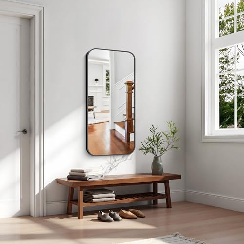 Image of KOCUUY Black Mirror 20 inch x 40 inch, Metal Frame Vanity Mirror for Wall, Rectangle Bathroom Mirror with Rounded Corner, Upgraded Shatterproof Glass for Bathroom, Bedroom, Hang Horizontal or Vertical