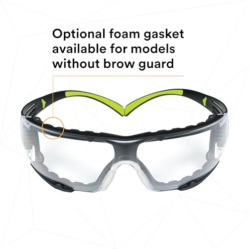 Image of 3M Safety Glasses, SecureFit, ANSI Z87, Dust Protection, Anti-Fog Anti-Scratch Clear Lens, Green /Black Frame, Flexible Temples, Removable Foam Gasket