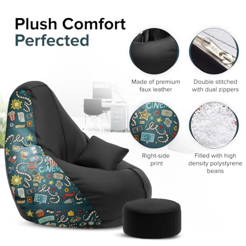 Image of Amazon Brand - Solimo Premium Faux Leather Bean Bag Combo with Footrest & Cushion, Filled with Beans | Capacity: Upto 6 Ft 3 in Height, 120 KG Weight | 3XL | Cinema Love | Black
