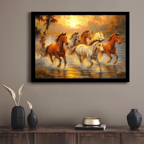 Image of 7 Running Horses Vastu Framed Wall Art Painting for living Room| Seven Horse Painting With Frame Symbol of Success & Positive Energy Wall Art for Living Room & Office, 10x12 Inch