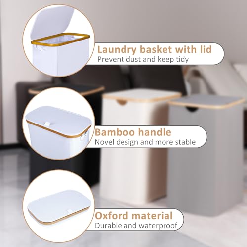 iEGrow Wäschekorb mit Deckel 60L, Schmal mit herausnehmbarer und waschbarer Innentasche, Bambus, faltbar für Waschküche, Schlafzimmer, Badezimmer (Weiß)