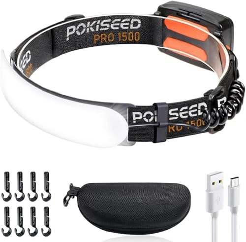 POKISEED LED-Stirnlampe Ultra Leistungsstark 1500 LM, USB-C Wiederaufladbare Stirnlampe 5000 mAh, Breiter Lichtstrahl 230°, 3 Modi, Wasserdicht IPX6, Clips für Helm – Laufen, Camping, Angeln und POKISEED LED-Stirnlampe Ultra Leistungsstark 1500 LM, USB-C Wiederaufladbare Stirnlampe 5000 mAh, Breiter Lichtstrahl 230°, 3 Modi, Wasserdicht IPX6, Clips für Helm – Laufen, Camping, Angeln und