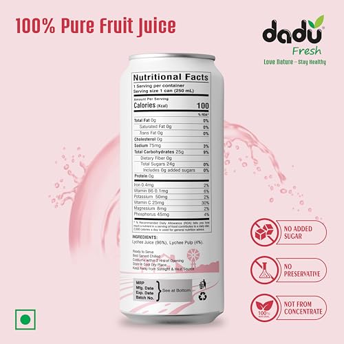Image of Dadu Fresh Lychee Juice | Pure Natural Juice | Not from Concentrate | No Added Sugar | No Preservatives or Artificial Flavors | Rich in Vitamin C & Antioxidants | 250ml (Pack of 4)