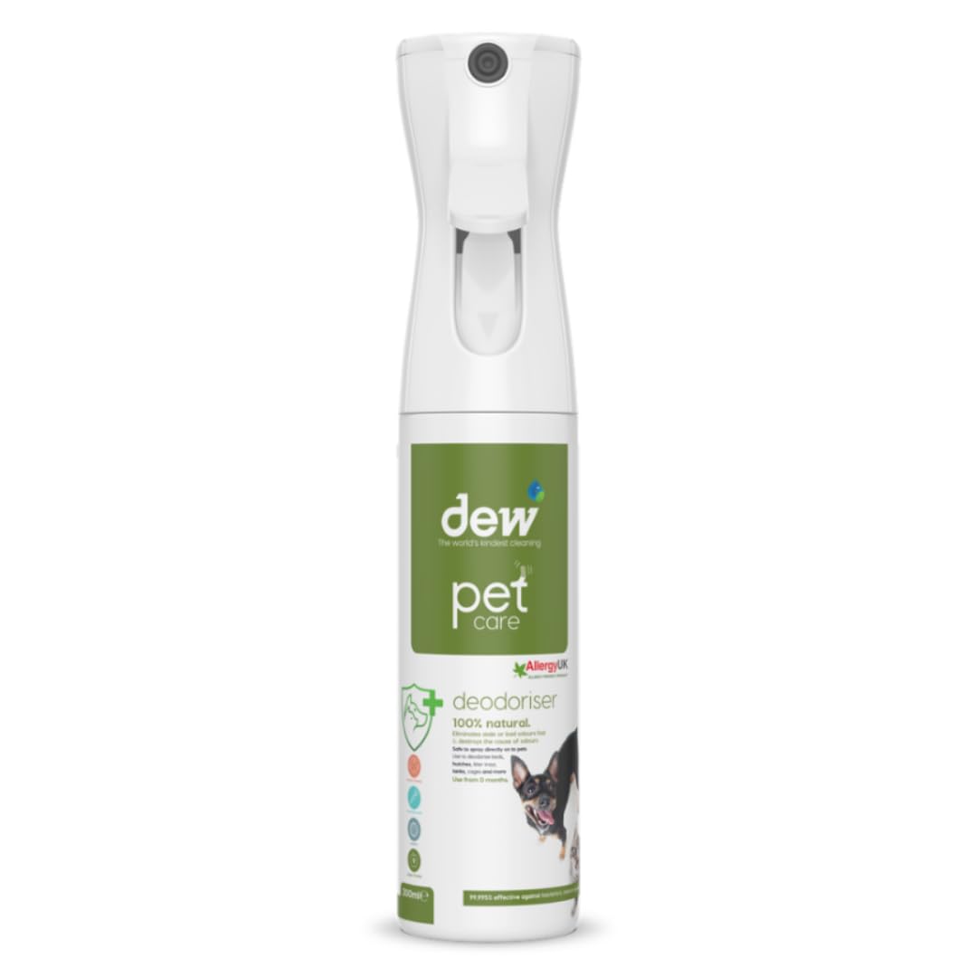 DEW Pet Deodoriser 300ml: 100% Natural Odour Eliminator & Air Freshener that Neutralises the Cause of Smells | Fragrance Free Dog Deodorant Spray for Smelly Fur, Pet Beds, Cat litter, Carpet & Car