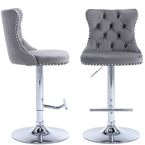 ODUSE-DAILY Velvet Swivel Bar Stools Set of 2, 25-33 Inch Height Adjustable, Counter Height Bar Stools with Back, Bar Chairs for Counter Height Bar Height Kitchen Island (Chrome, 2 Gray)
