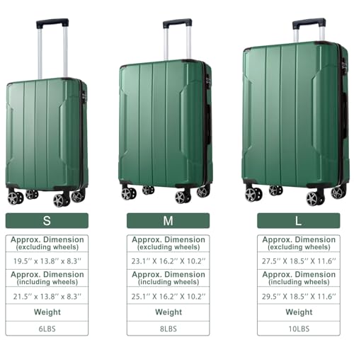 Travel Luggage Set | 3-Piece ABS Lightweight Suitcases with Double Spinner Wheels | 20/24/28 Inch Set for Family Trips, Carry-On & Checked Baggage | Green4