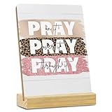 Pray Quote Desk Decor Rustic Plaque with Wood Stand, Colorful Leopard Print Pray on It Christian Decor, Decorative Wood Sign for Home Office Shelf Decor