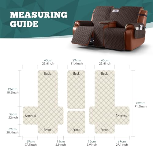 Ruaozz Waterproof Loveseat Recliner Cover with Console Non-Slip Reclining Couch Covers Split Sofa Slipcovers with Elastic Straps for Kids, Dogs, Pets (Chocolate, 2 Seater)