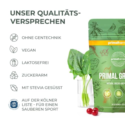 Primal Harvest Super Greens Pulver mit 27 Pflanzenstoffen, inkl. Spirulina & Weizengras, 30 Portionen (1 Bag, ursprünglicher Geschmack)