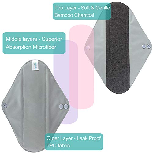 Leekalos Reusable Menstrual Pads - Bamboo Menstrual Cloth Pads | Light Incontinence Pads | Reusable Sanitary Pads - Pack Of 6, 1 Cloth Mini Wet Bag (S,Grey) #TOP3