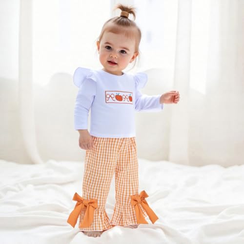 Toddler Baby Girl Halloween Outfit Bow Pumpkin T Shirt Plaid Bell Bottoms Set Girls Top Flare Pants Fall Clothes3