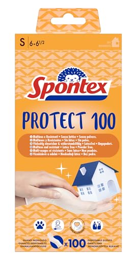 Spontex Protect Einmalhandschuhe aus Vinyl, ungepudert und latexfrei, vielseitig einsetzbar, in praktischer Spenderbox, Größe S, 100er Pack