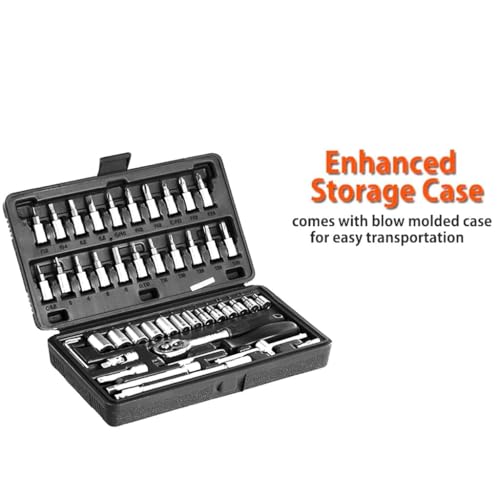 Image of Tool Box Kit 46 pcs - Black Metal 1 /4 Inch Socket Set - Complete Ratchet Socket Wrench with Extension Bar & Bits, Compact Portable Tool Set for Home, Garage, Automotive Repair & Maintenance