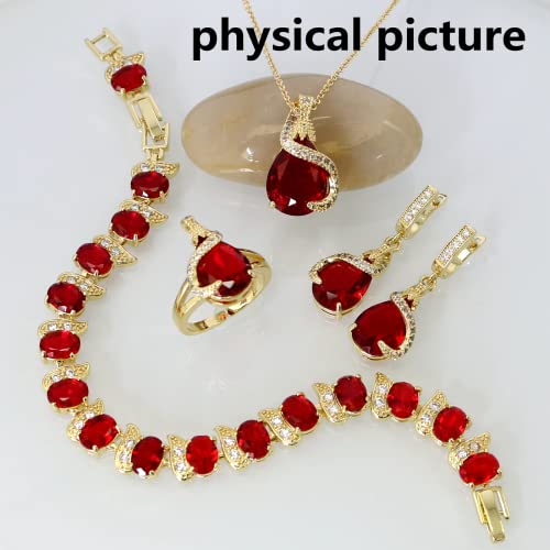 Gzwhd Red Created Ruby Gold Plated Jewelry Set For Women Girl Valentine's Day Gifts Water Drop Earrings Pendant Necklace Open Ring Bracelet Set Gifts For Wife Mother Friend Daughter #TOP3