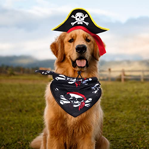 Aichiyu 2 Pieces Skull Print Pet Pirate Hat With Pirate Skull Bandana Dog Cat Captain Cap Halloween Pirate Cosplay Costume Halloween Party Hat Dress Up Costume Accessories (B) #TOP5