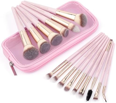 MAGEFY 15 Pcs Makeup Brushes with Case, Portable Makeup Brush Set Face Foundation Brushes Blending Concealers Blush Eye Brush Kit Travel Makeup Brushes(Pink)