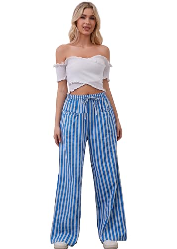 Women Loose Striped Wide Leg Pants Casual Drawstring Low Waist Pants Baggy Contrast Lounge Pants Straight Leg Trouser4
