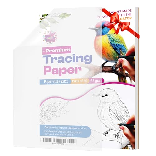 Tracing Paper 9x12 Inch - 50 Sheets 41lb/63gsm Transparent Trace Paper for Sketching Preliminary Drawing Drafting & Art Projects - Premium Translucent Tracing Paper for Pencil Marker and Ink