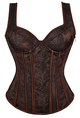 Moessa Women's Gothic Jacquard Shoulder Straps Tank Overbust Corset Bustiers 913-Brown-S