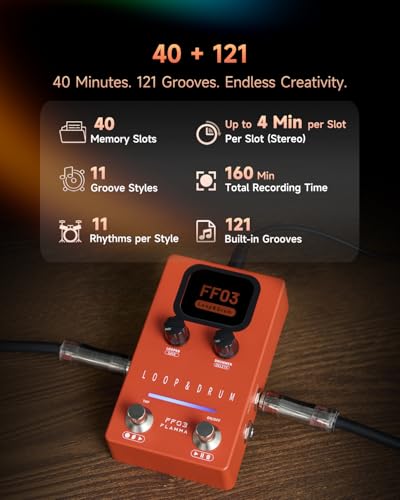 Image of FLAMMA FF03 Looper Pedal Drum Machine, Drum Looper Guitar Pedal with LED Indicators, 160 Min Recording, 121 Drum Grooves, 40 Loop Slots, Undo /Redo, Fade Out, Sync Mode, USB & Headphone Out