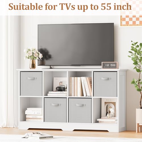 Image of 8 Cube Storage Organizer Shelf, Wood Cubby Storage with 4 Fabric Drawers, 2 Tier Wooden Bookshelf with 2 Adjustable Shelves & Fluted Side Panels for Bedroom, Living Room, Home Office, White