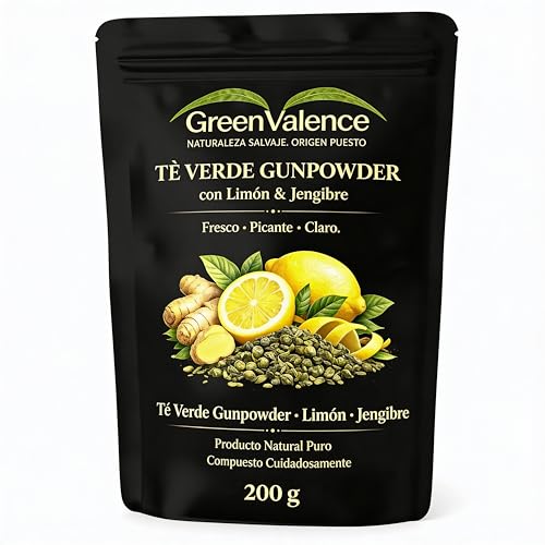 GreenValence Té Verde Gunpowder con Limón y Jengibre - Mezcla Aromática de Té Verde - Sabor Fresco y Especiado - Sin Aditivos – Ideal para Té Caliente o Té Frío (200 g)