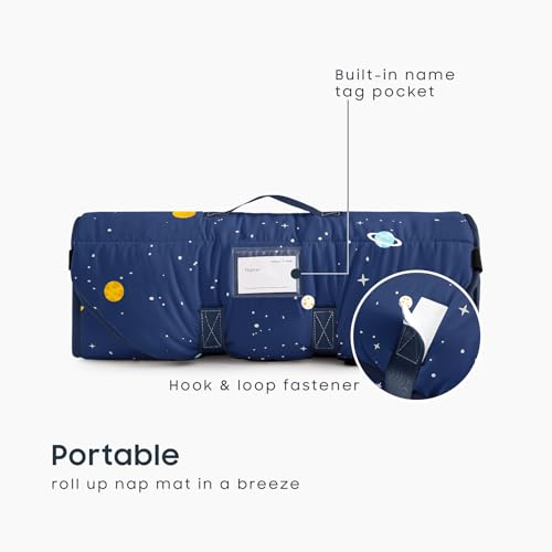 Image of Wake In Cloud - Cot Nap Mat with Pillow and Blanket, 100% Cotton Fabric, for Toddler Kids Boys Girls Ages 3 Plus in Daycare Kindergarten Preschool, Stars Space Rockets