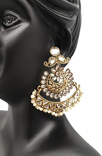 SATYAM KRAFT Fashion Jewellery Traditional Gold Color Chandbali Pearl Kundan Jhumka Jhumki Earrings for Girls Women Partywear Stylish Wedding Jewellery Hangings Jhumka Earrings