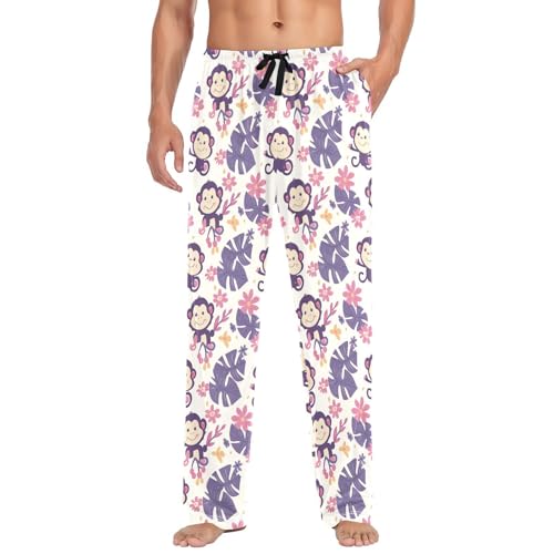 Mens Pajama Pants Pajama Bottoms Lightweight Pajama Pants Basics Sleep Pajama Lounge Pant (S-XXL) Cartoon Purple Palm Leaves and Monkeys pattern