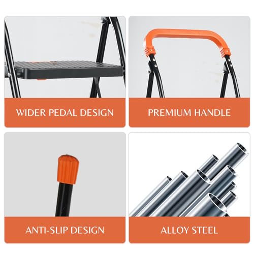Image of BRANCO Heavy Duty Folding Ladder with Wide Steps | Lifestyle 3 Steps Foldable Ladder | High Strength Long Durable for Home, Kitchen | (Black & Orange)