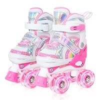 Girls Roller Skates for Little Kids Toddler Ages 5-8 4 5 6 7, 4 Size Adjustable Rainbow Unicorn Quad Skates with All Light Up Wheels - Best Birthday Gift for Outdoor Sports