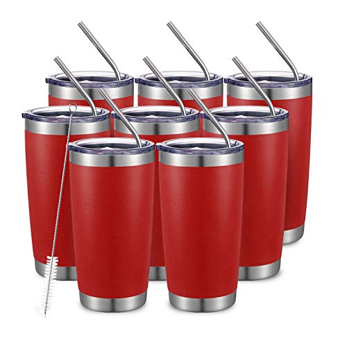 COMOOO Lot de 8 tasses de voyage isothermes à double paroi en acier inoxydable avec couvercle et paille – Revêtement en poudre durable pour boissons chaudes et froides (rouge, lot de 8)