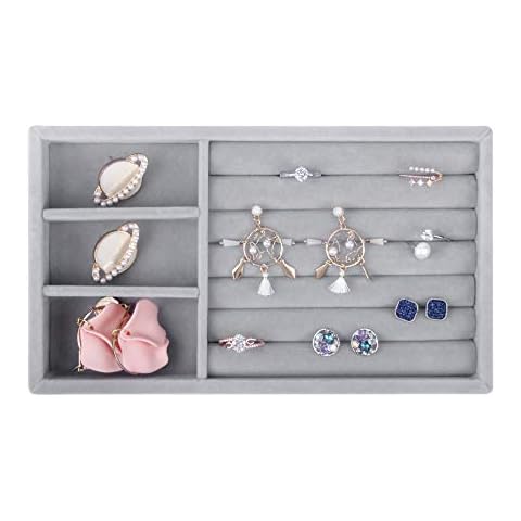 DesignSter Velvet Jewelry Tray - Small Gray 6 Slot Ring Storage with 3 Trinket Grid Organizer/Stackable Earring Display Showcase for Dresser, Drawer, Bedroom Cover