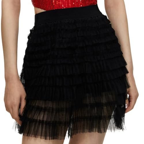Women's Tulle Skirts Elastic High Waist Layered Cake Fairy Mini Skirt Bodycon Sheer Mesh A Line Short Skirt