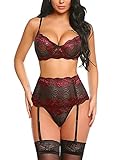 Avidlove Women Lingerie Set With Garter Belt Teddy Babydoll Bodysuit Lingerie Outfit (Wine RedXXL)