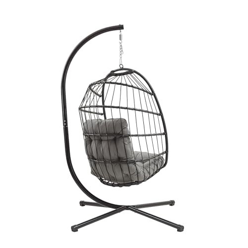 Hanging Egg Chair Black Rattan Swing Garden Hammock Folding Seat Furniture With 15cm Thick Cushion Steel Stand 150kg Weight Capacity Outdoor Indoor Patio Balcony UV Resistant FREE Waterproof Zip Cover 3 Hanging Egg Chair Black Rattan Swing Garden Hammock Folding Seat Furniture With 15cm Thick Cushion Steel Stand 150kg Weight Capacity Outdoor Indoor Patio Balcony UV Resistant FREE Waterproof Zip Cover - Image 3