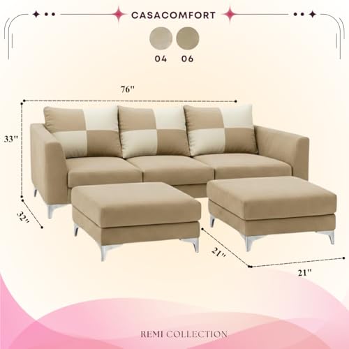 Image of Romeo Rich Velvet Suede 3 Seater Sofa Set with 2 Ottomans | Golden Aesthetic Legs | Spacious Soft Touch Comfort Seating | Modern Sofa for Living Room (Beige)