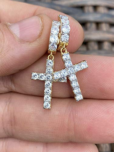 14K Gold Plated 925 Sterling Silver Men & Ladies Dangle Cross Hoop Earrings Iced Out - Aretes #TOP2