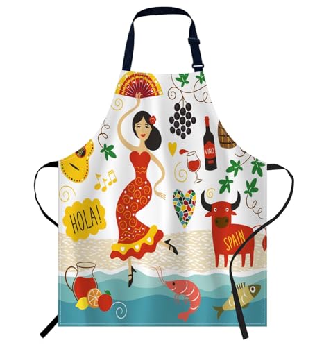 Smooffly Delantal ajustable con emblemas y símbolos de España, para cocinar, cocinar, cocinar, cocinar, para mujeres y hombres, para el hogar, cocina, restaurante, cafetería, hornear, jardinería,