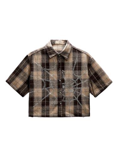 GORGLITTER Mens Gingham Cropped Shirt Button Up Y2K Rhinestone Short Sleeve Boxy Collared Plaid Streetwear Crop Tops Coffee Brown Medium