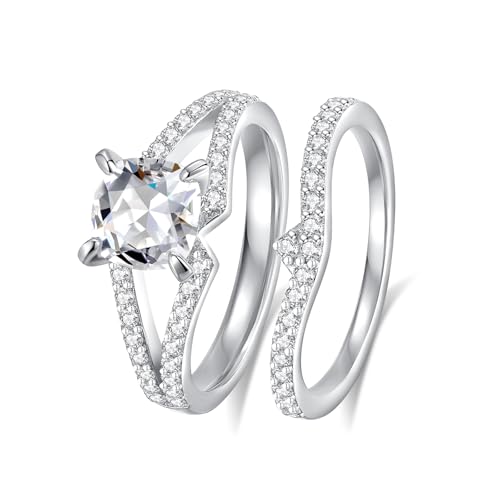 Image of Moissanite Wedding Ring Sets D Color VVS1 Moissanite Ring Sets,Moissanite Engagement Ring 18K White Gold Plated 925 Sterling Silver Moissanite Ring