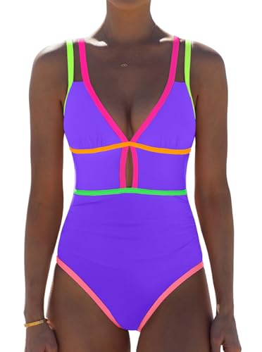 Image of popvil Women One Piece Swimsuit 2026 Tummy Control Sexy Cutout Neon Color Block Bathing Suit Slimming Adjustable Swimwear