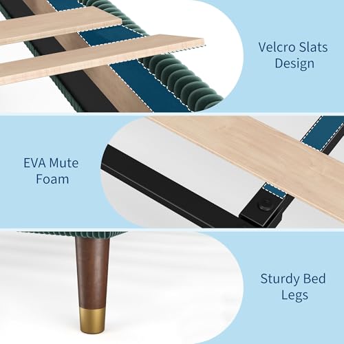 Image of Upholstered Platform Bed Frame with Corduroy Headboard, Sturdy Metal Frame & Wooden Slats, 800lbs Weight Capacity, Noise-Free, No Box Spring Needed, Easy Assembly, Under-Bed Storage, Twin Dark Green
