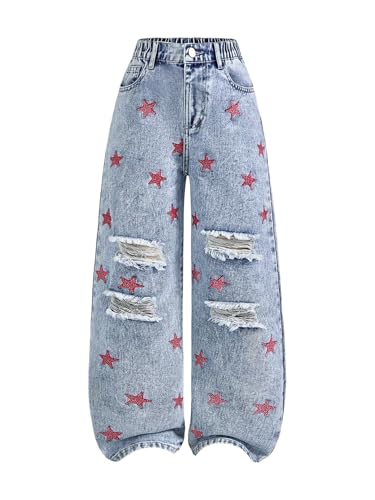Girl's Y2k Bow Print Baggy Jeans Wide Leg High Waisted Denim Pants Blue 12Y