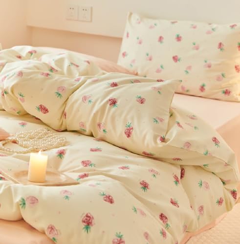 Image of Nayoroom Strawberry Duvet Cover Set Full Size Girls Cute Pink Strawberries Kawaii Comforter Cover 2 Pieces Soft Lightweight Microfiber Cream White Bedding with Zipper Closure