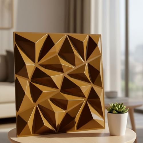 Image of Kayra Decor 3D PVC Wall Panels - Diamond Design, Brushed Gold Color, 19.7 inch x 19.7 inch (Pack of 12) | Covers 32.28 Sq. Ft. |