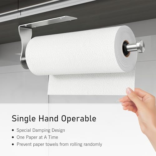 Image of SetSail Paper Towel Holder, Paper Towel Holder Under Cabinet with Adjustable Damper Easy Tear Wall Mount Self-Adhesive or Drilled for Kitchen Bathroom, Silver